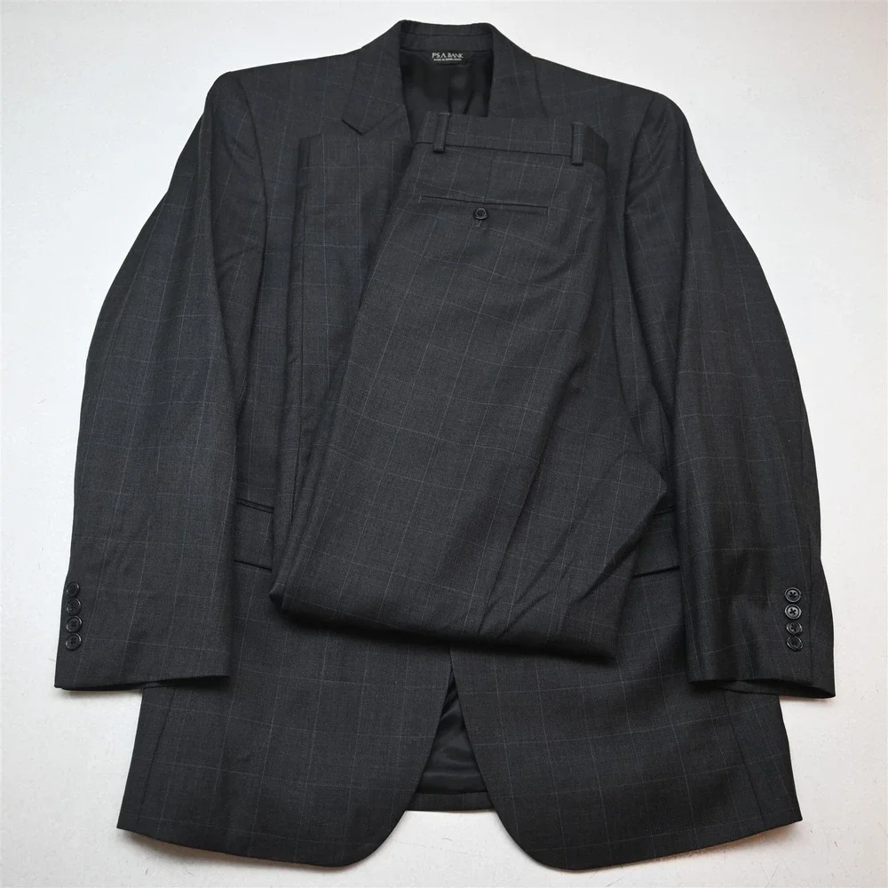 Jos A Bank 41L 34x32 Gray Windowpane 100% Wool Mens Jacket Pants Suit